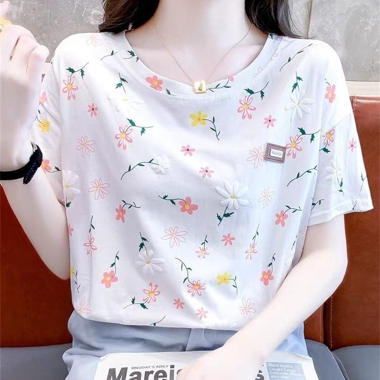 Short-sleeved T-shirt Women's Top Summer New Loose plus size Small Fresh Design Sense Niche T-shirt Floral Shirt