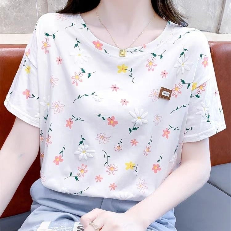 Short-sleeved T-shirt Women's Top Summer New Loose plus size Small Fresh Design Sense Niche T-shirt Floral Shirt