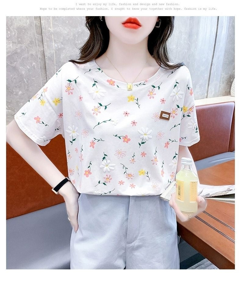 Short-sleeved T-shirt Women's Top Summer New Loose plus size Small Fresh Design Sense Niche T-shirt Floral Shirt