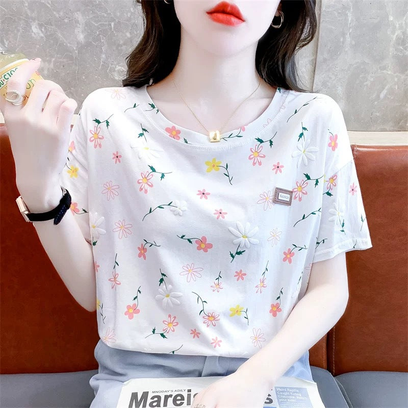 Short-sleeved T-shirt Women's Top Summer New Loose plus size Small Fresh Design Sense Niche T-shirt Floral Shirt