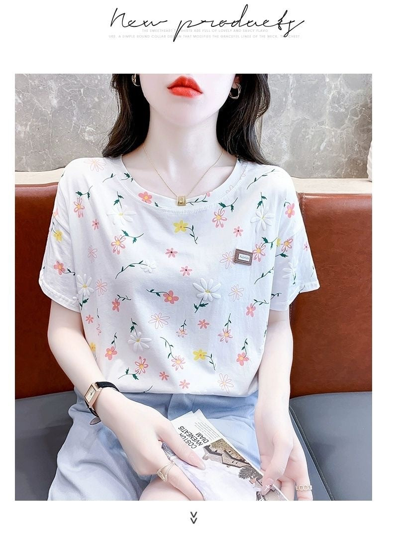 Short-sleeved T-shirt Women's Top Summer New Loose plus size Small Fresh Design Sense Niche T-shirt Floral Shirt