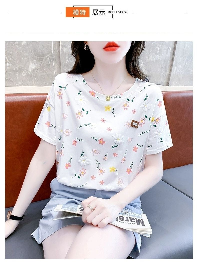 Short-sleeved T-shirt Women's Top Summer New Loose plus size Small Fresh Design Sense Niche T-shirt Floral Shirt